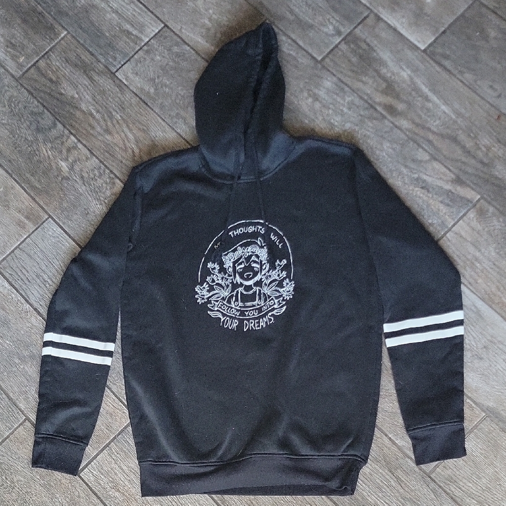 Black Hoodie with White Omori Graphic and Stripes